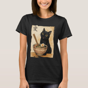 Funny Black Cat Eating Ramen Japanese Kawaii Anime T-Shirt