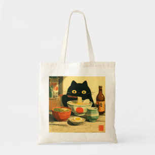 Funny Black Cat Eating Ramen   Japanese Vintage Tote Bag