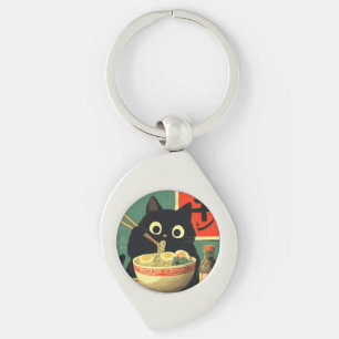 Funny Black Cat Eating Ramen Key Ring