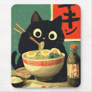Funny Black Cat Eating Ramen Mouse Mat