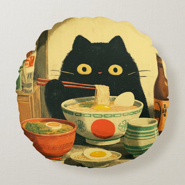Funny Black Cat Eating Ramen Round Cushion (Front)