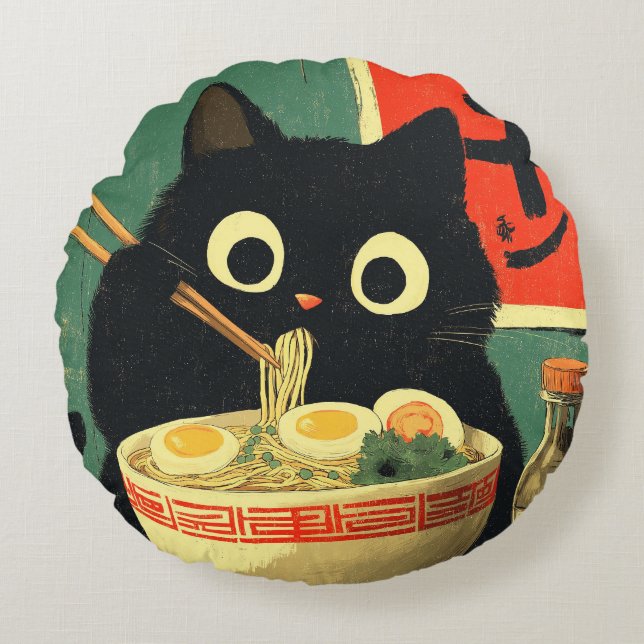 Funny Black Cat Eating Ramen Round Cushion (Front)