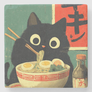 Funny Black Cat Eating Ramen Stone Coaster