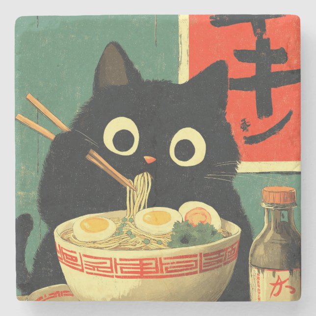 Funny Black Cat Eating Ramen Stone Coaster (Front)