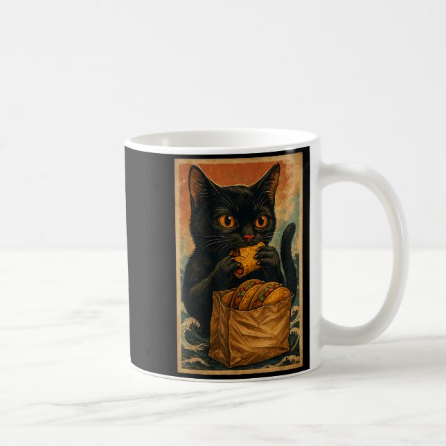 Funny Black Cat Eating Tacos Retro Japanese  Coffee Mug (Right)