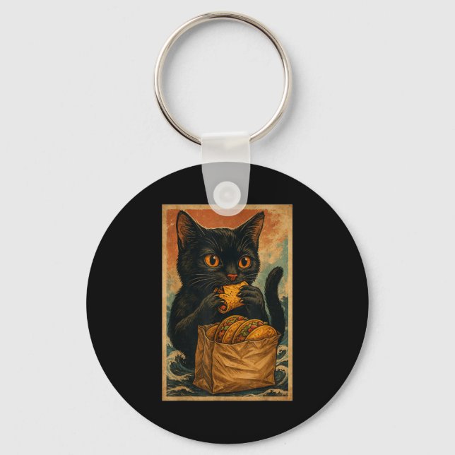 Funny Black Cat Eating Tacos Retro Japanese  Key Ring (Front)