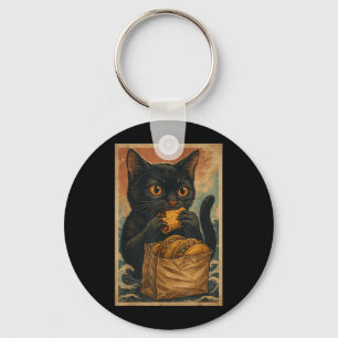 Funny Black Cat Eating Tacos Retro Japanese Key Ring