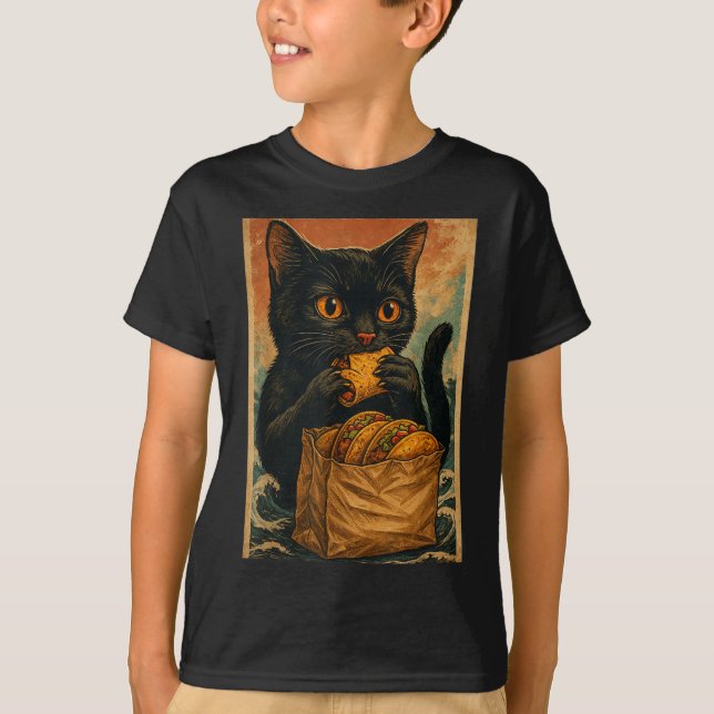 Funny Black Cat Eating Tacos Retro Japanese  T-Shirt (Front)
