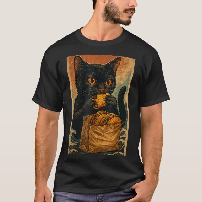 Funny Black Cat Eating Tacos Retro Japanese  T-Shirt (Front)