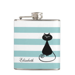 Funny black cat elegant stripes baby blue monogram hip flask