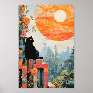Funny Black cat enjoying the full moon Poster