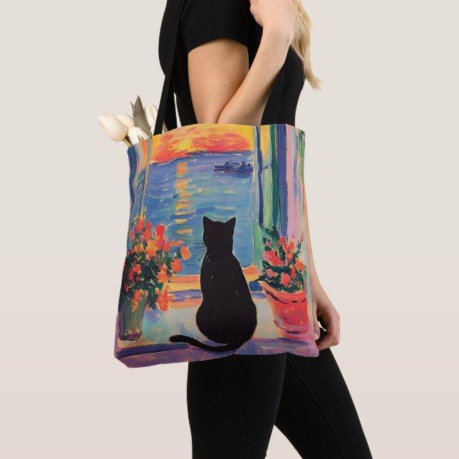 Funny Black cat enjoying the sunset Tote Bag (Close Up)