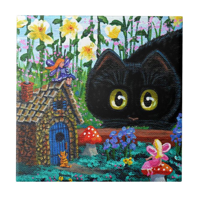 Funny Black Cat Fairy Garden Cottage Tile (Front)
