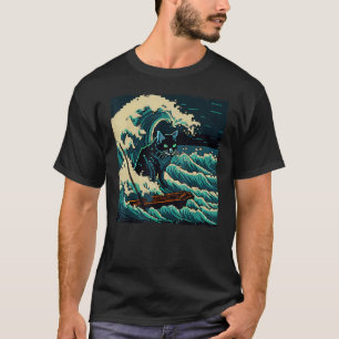 Funny Black Cat Fishing Waves for Kids, Women, Men T-Shirt
