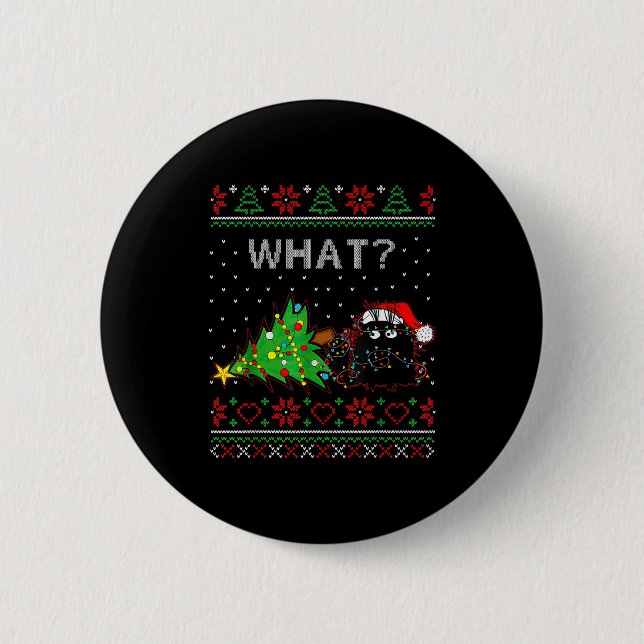 Funny Black Cat Gift Pushing Christmas Tree Over C 6 Cm Round Badge (Front)