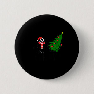 Funny Black Cat Gift Pushing Christmas Tree Over C 6 Cm Round Badge