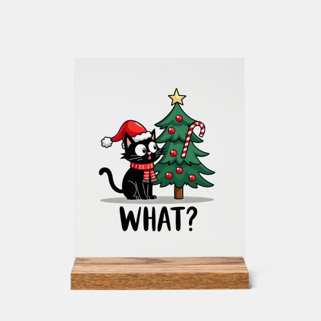 Funny Black Cat Gift Pushing Christmas Tree Over C Acrylic Sign (Front)