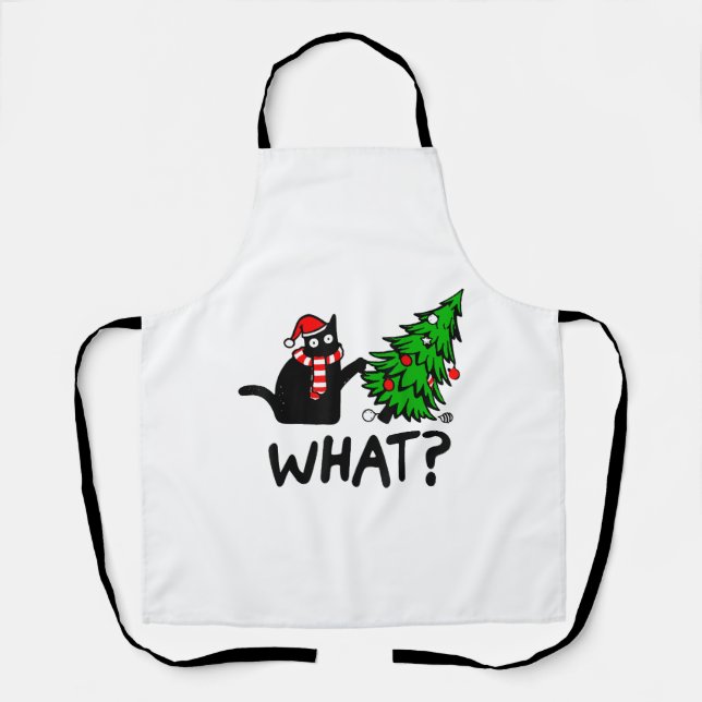 Funny Black Cat Gift Pushing Christmas Tree Over C Apron (Front)