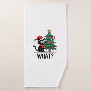Funny Black Cat Gift Pushing Christmas Tree Over C Bath Towel