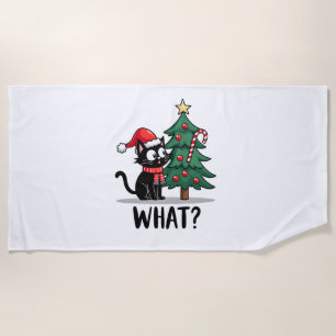Funny Black Cat Gift Pushing Christmas Tree Over C Beach Towel