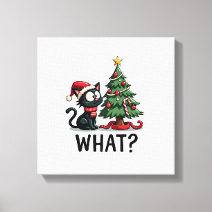 Funny Black Cat Gift Pushing Christmas Tree Over C Canvas Print