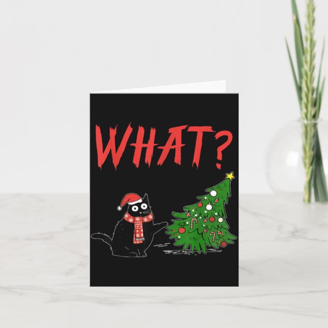 Funny Black Cat Gift Pushing Christmas Tree Over C Card (Front)