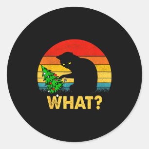 Funny Black Cat Gift Pushing Christmas Tree Over C Classic Round Sticker