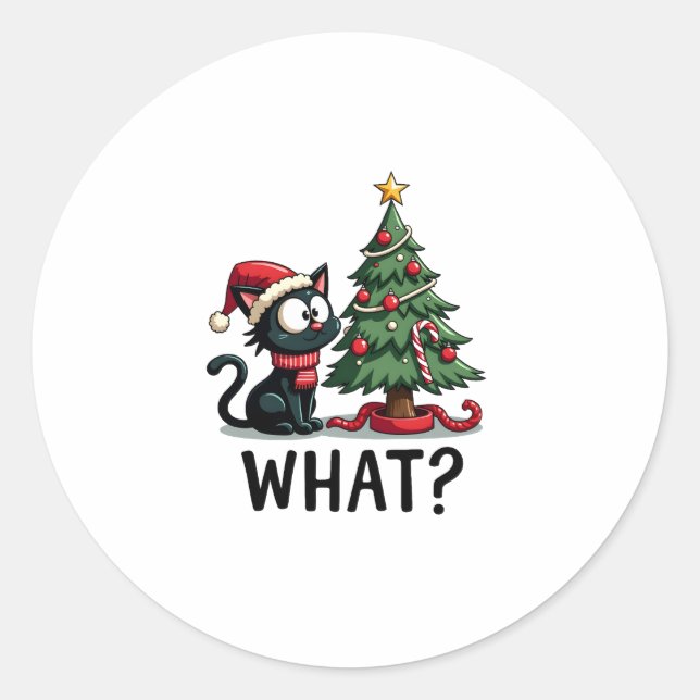 Funny Black Cat Gift Pushing Christmas Tree Over C Classic Round Sticker (Front)