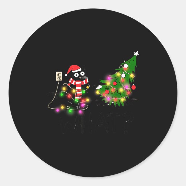 Funny Black Cat Gift Pushing Christmas Tree Over C Classic Round Sticker (Front)