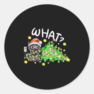Funny Black Cat Gift Pushing Christmas Tree Over C Classic Round Sticker