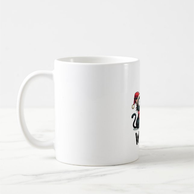 Funny Black Cat Gift Pushing Christmas Tree Over C Coffee Mug (Left)