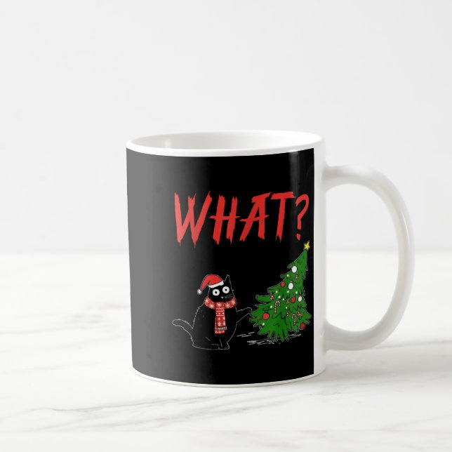 Funny Black Cat Gift Pushing Christmas Tree Over C Coffee Mug (Right)