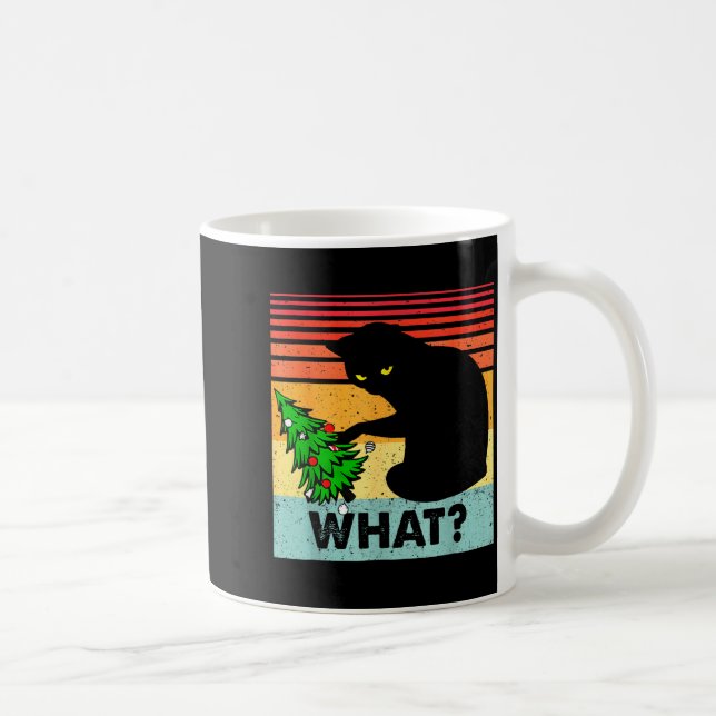 Funny Black Cat Gift Pushing Christmas Tree Over C Coffee Mug (Right)