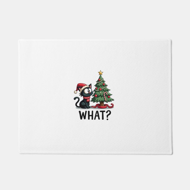Funny Black Cat Gift Pushing Christmas Tree Over C Doormat (Front)