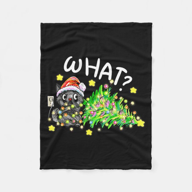 Funny Black Cat Gift Pushing Christmas Tree Over C Fleece Blanket (Front)