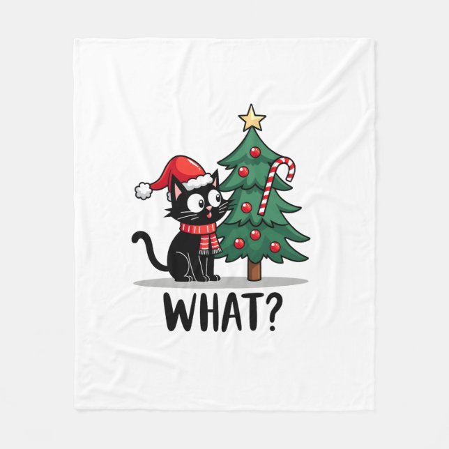 Funny Black Cat Gift Pushing Christmas Tree Over C Fleece Blanket (Front)