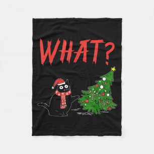 Funny Black Cat Gift Pushing Christmas Tree Over C Fleece Blanket