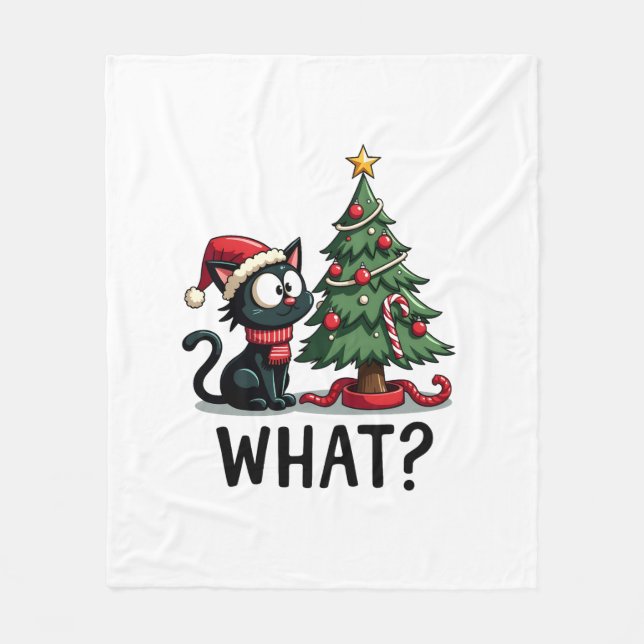 Funny Black Cat Gift Pushing Christmas Tree Over C Fleece Blanket (Front)
