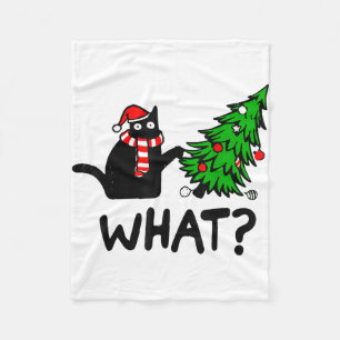 Funny Black Cat Gift Pushing Christmas Tree Over C Fleece Blanket