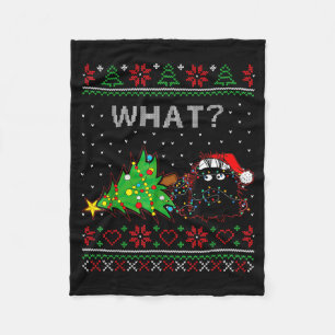 Funny Black Cat Gift Pushing Christmas Tree Over C Fleece Blanket
