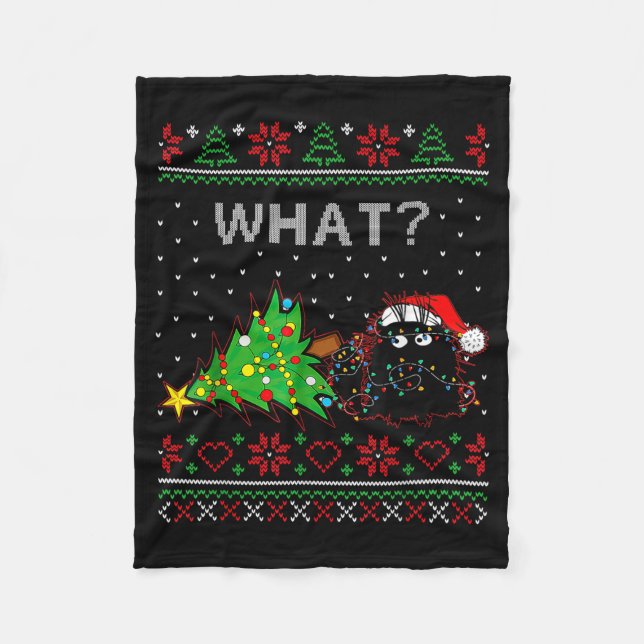 Funny Black Cat Gift Pushing Christmas Tree Over C Fleece Blanket (Front)