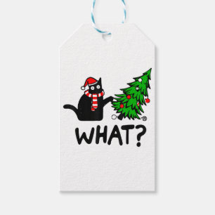 Funny Black Cat Gift Pushing Christmas Tree Over C Gift Tags