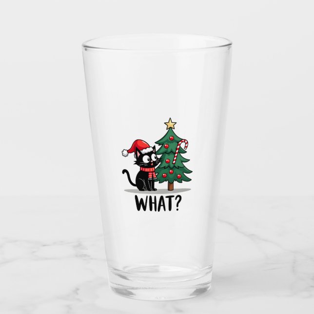 Funny Black Cat Gift Pushing Christmas Tree Over C Glass (Front)
