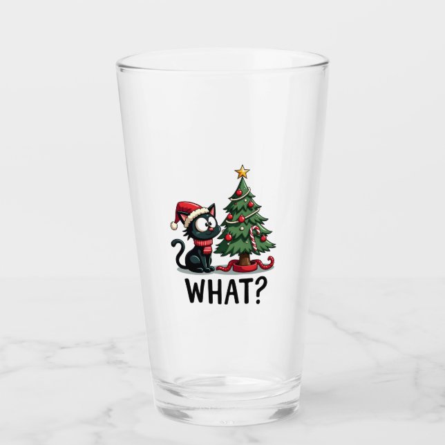 Funny Black Cat Gift Pushing Christmas Tree Over C Glass (Front)