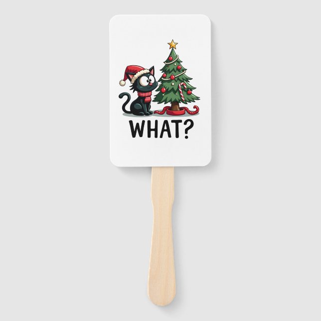 Funny Black Cat Gift Pushing Christmas Tree Over C Hand Fan (Front)