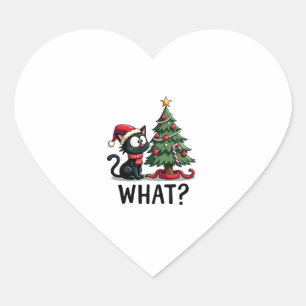 Funny Black Cat Gift Pushing Christmas Tree Over C Heart Sticker