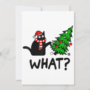 Funny Black Cat Gift Pushing Christmas Tree Over C Invitation