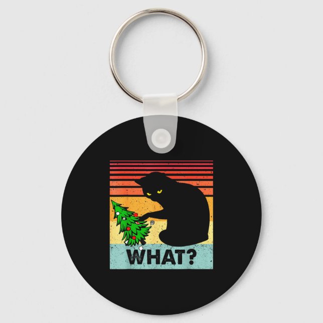 Funny Black Cat Gift Pushing Christmas Tree Over C Key Ring (Front)
