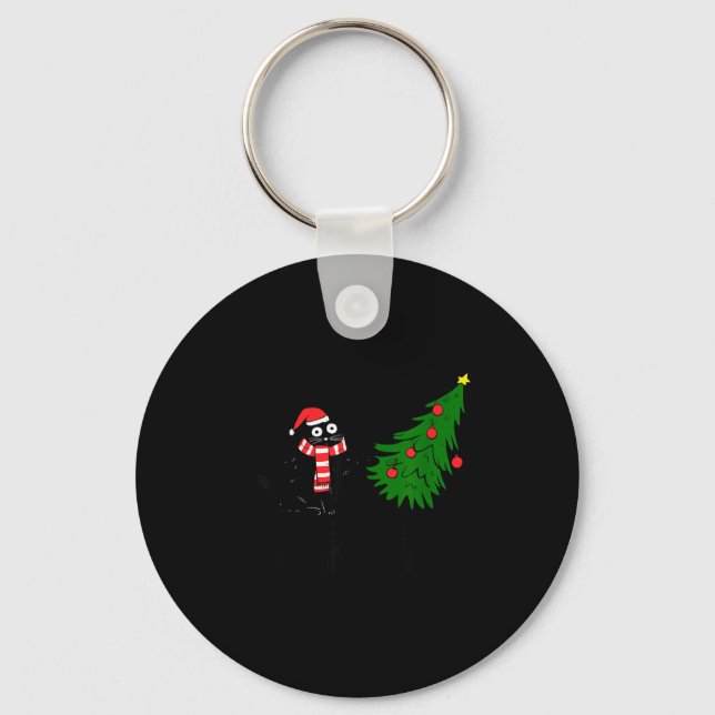 Funny Black Cat Gift Pushing Christmas Tree Over C Key Ring (Front)