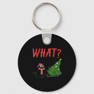 Funny Black Cat Gift Pushing Christmas Tree Over C Key Ring